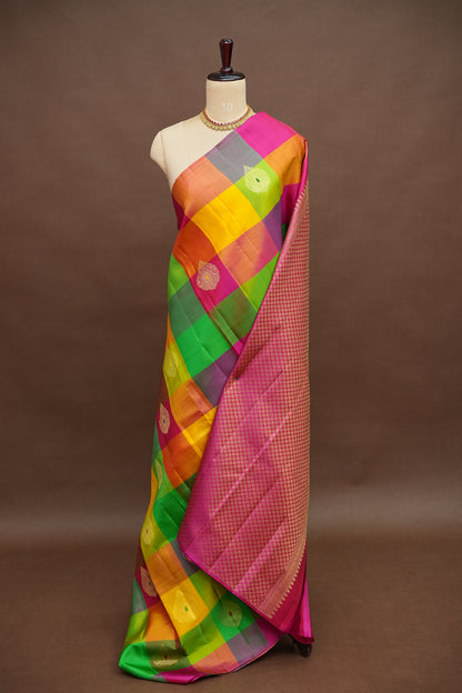 PURE KANCHIPURAM SILK PALLAM PALUM KATTAM SAREE – MULTICOLOUR CHECKS WITH PINK PALLU | SILK MARK CERTIFIED