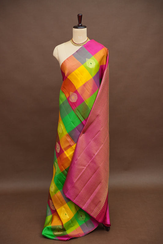 PURE KANCHIPURAM SILK PALLAM PALUM KATTAM SAREE – MULTICOLOUR CHECKS WITH PINK PALLU | SILK MARK CERTIFIED