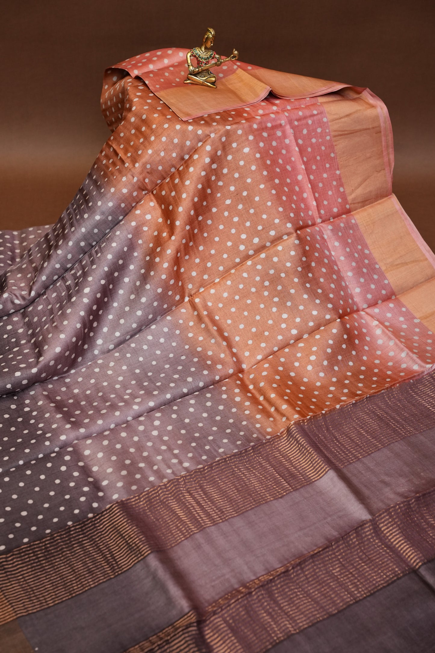 Geometric Patterned Pure Tussar Silk Saree-Multitoned|Silk Mark Certified