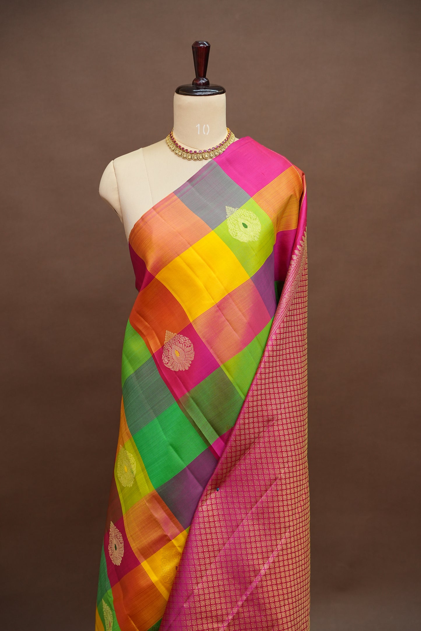 PURE KANCHIPURAM SILK PALLAM PALUM KATTAM SAREE – MULTICOLOUR CHECKS WITH PINK PALLU | SILK MARK CERTIFIED