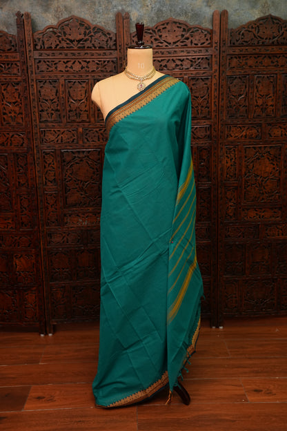 Pure Kanchi Cotton Saree – Peacock Green with Traditional Gold Zari Border