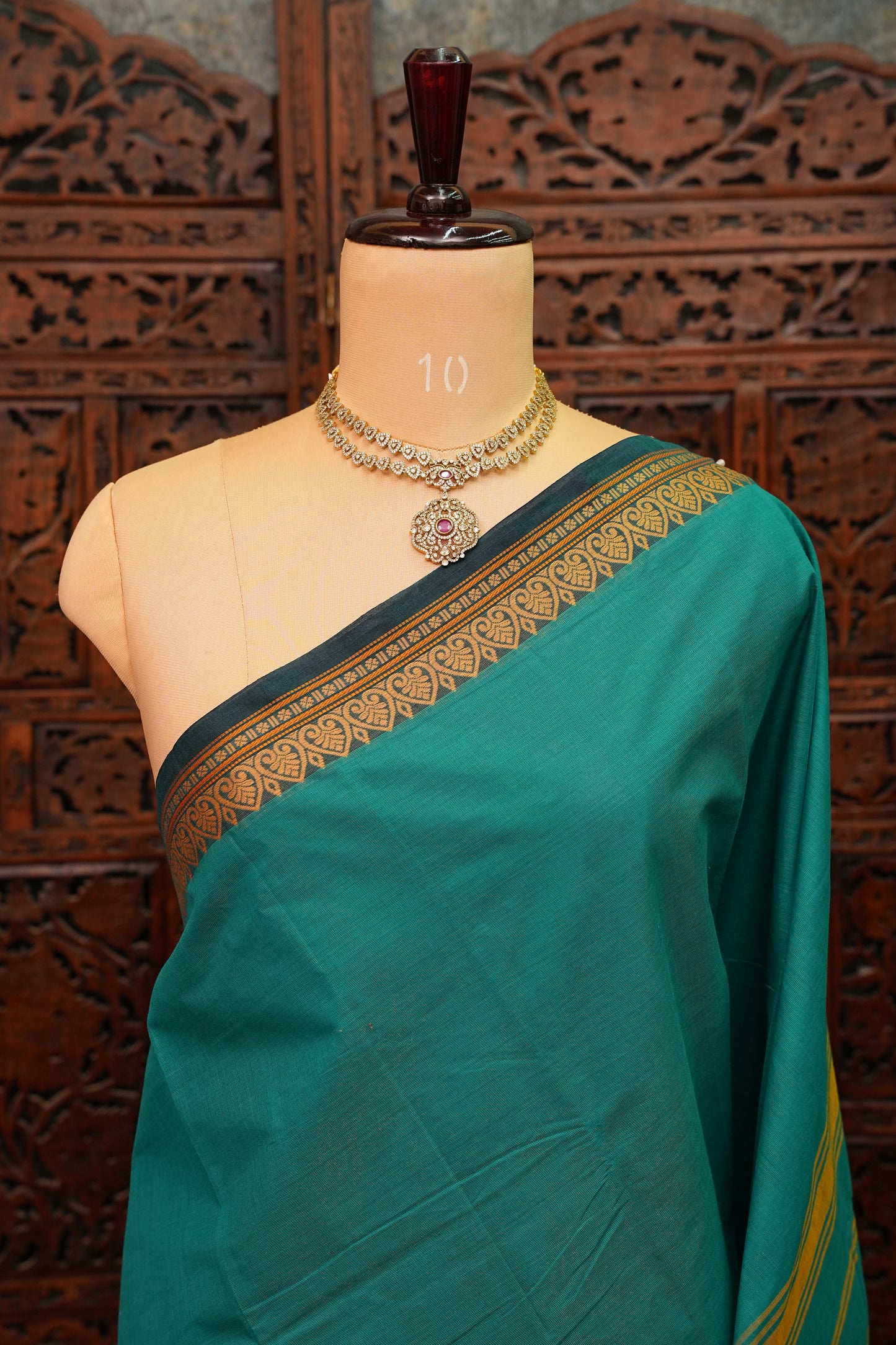 Pure Kanchi Cotton Saree – Peacock Green with Traditional Gold Zari Border