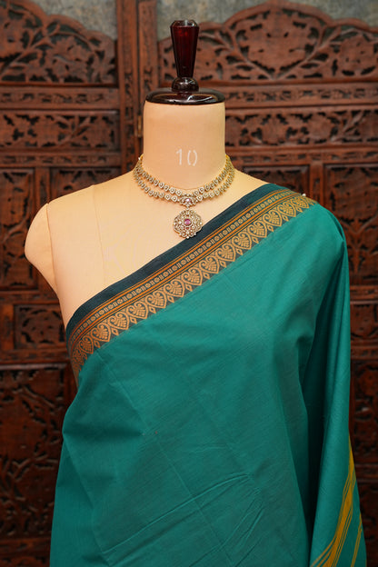 Pure Kanchi Cotton Saree – Peacock Green with Traditional Gold Zari Border