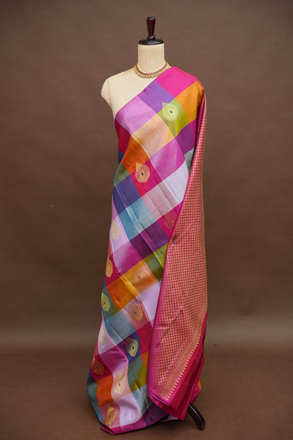 PURE KANCHIPURAM SILK PALLAM PALUM KATTAM SAREE – MULTICOLOUR CHECKS WITH PINK PALLU | SILK MARK CERTIFIED