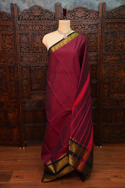 Pure Kanchi Cotton Saree – Deep Maroon with Black & Gold Zari Border