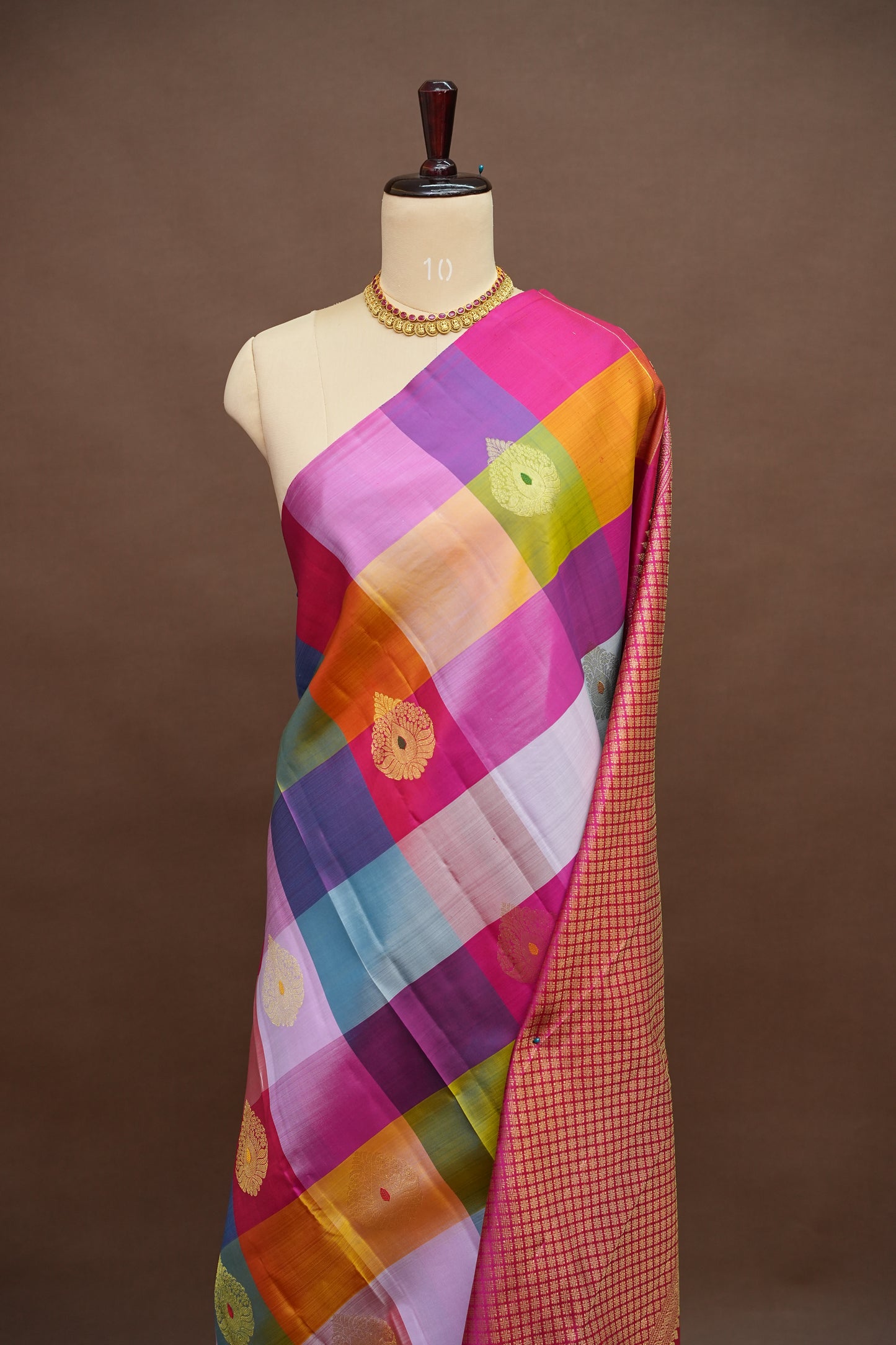 PURE KANCHIPURAM SILK PALLAM PALUM KATTAM SAREE – MULTICOLOUR CHECKS WITH PINK PALLU | SILK MARK CERTIFIED