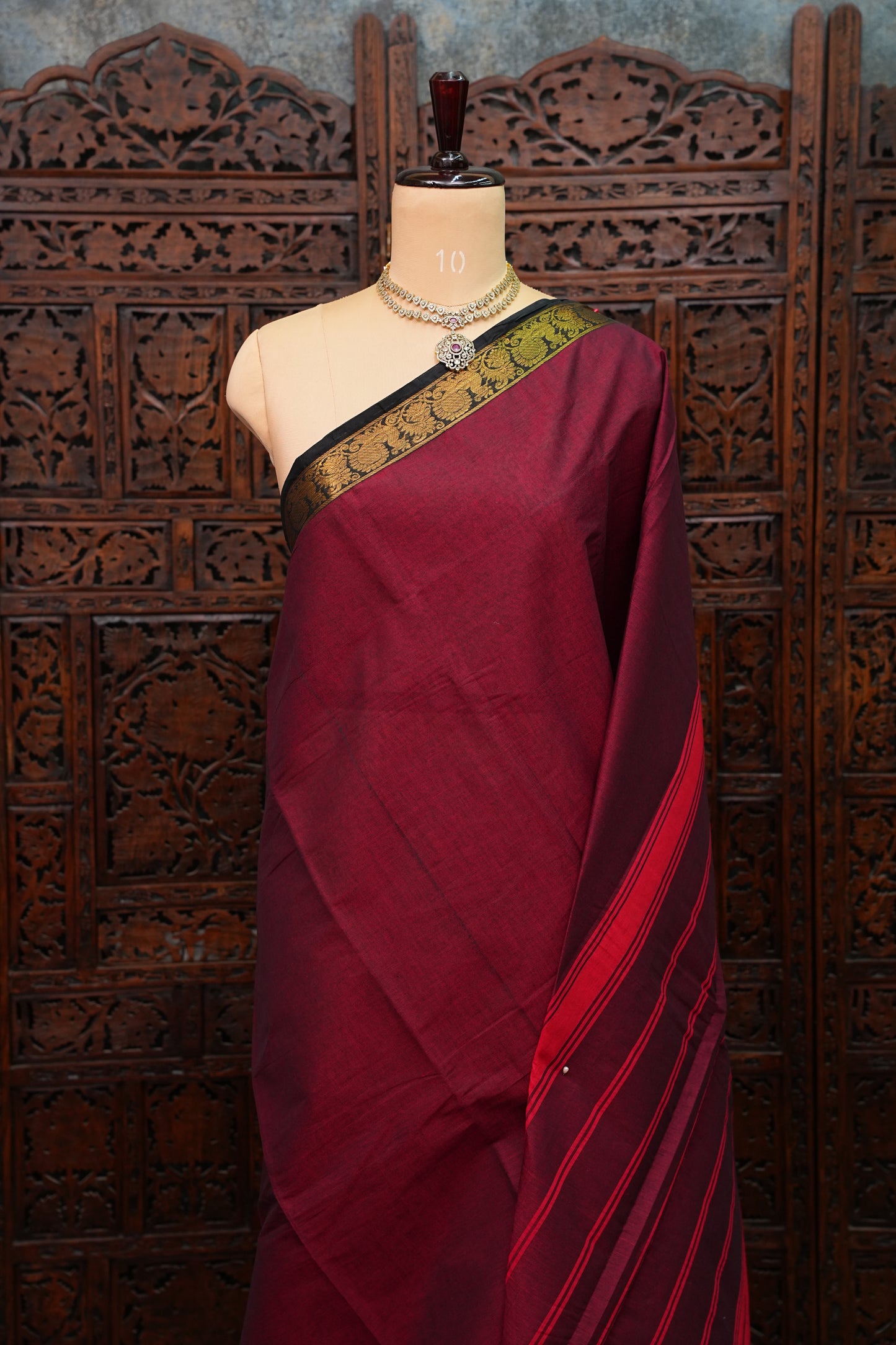 Pure Kanchi Cotton Saree – Deep Maroon with Black & Gold Zari Border