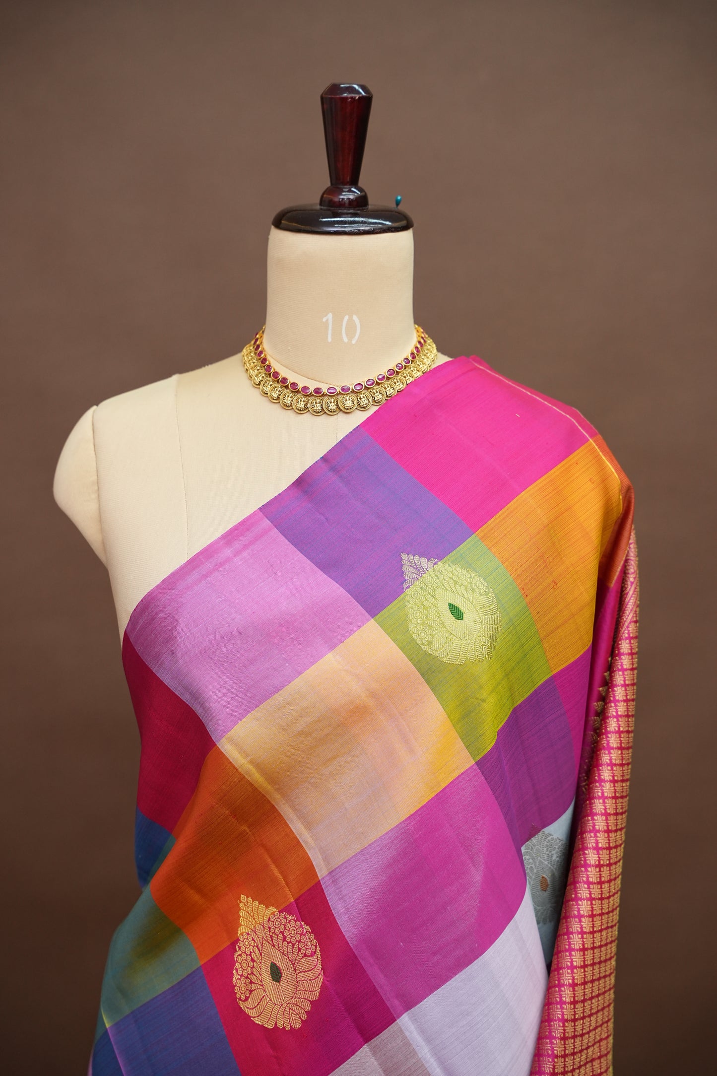 PURE KANCHIPURAM SILK PALLAM PALUM KATTAM SAREE – MULTICOLOUR CHECKS WITH PINK PALLU | SILK MARK CERTIFIED