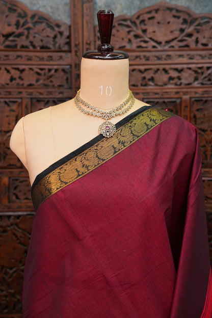 Pure Kanchi Cotton Saree – Deep Maroon with Black & Gold Zari Border
