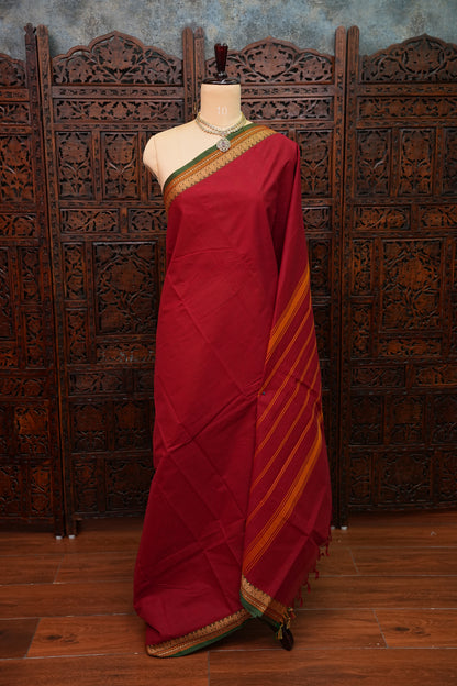 Pure Kanchi Cotton Saree – Red with Green & Gold Zari Border