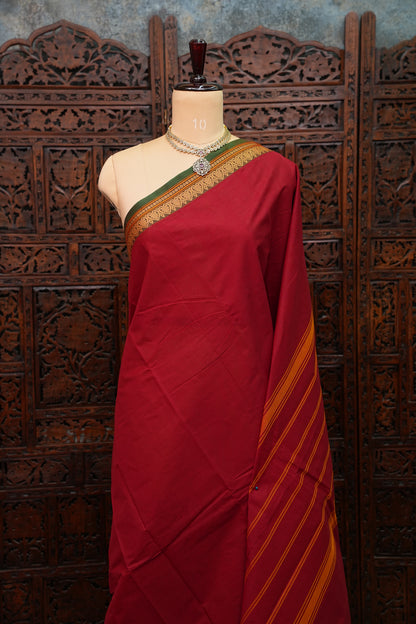 Pure Kanchi Cotton Saree – Red with Green & Gold Zari Border