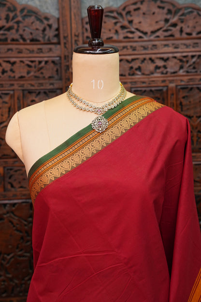 Pure Kanchi Cotton Saree – Red with Green & Gold Zari Border