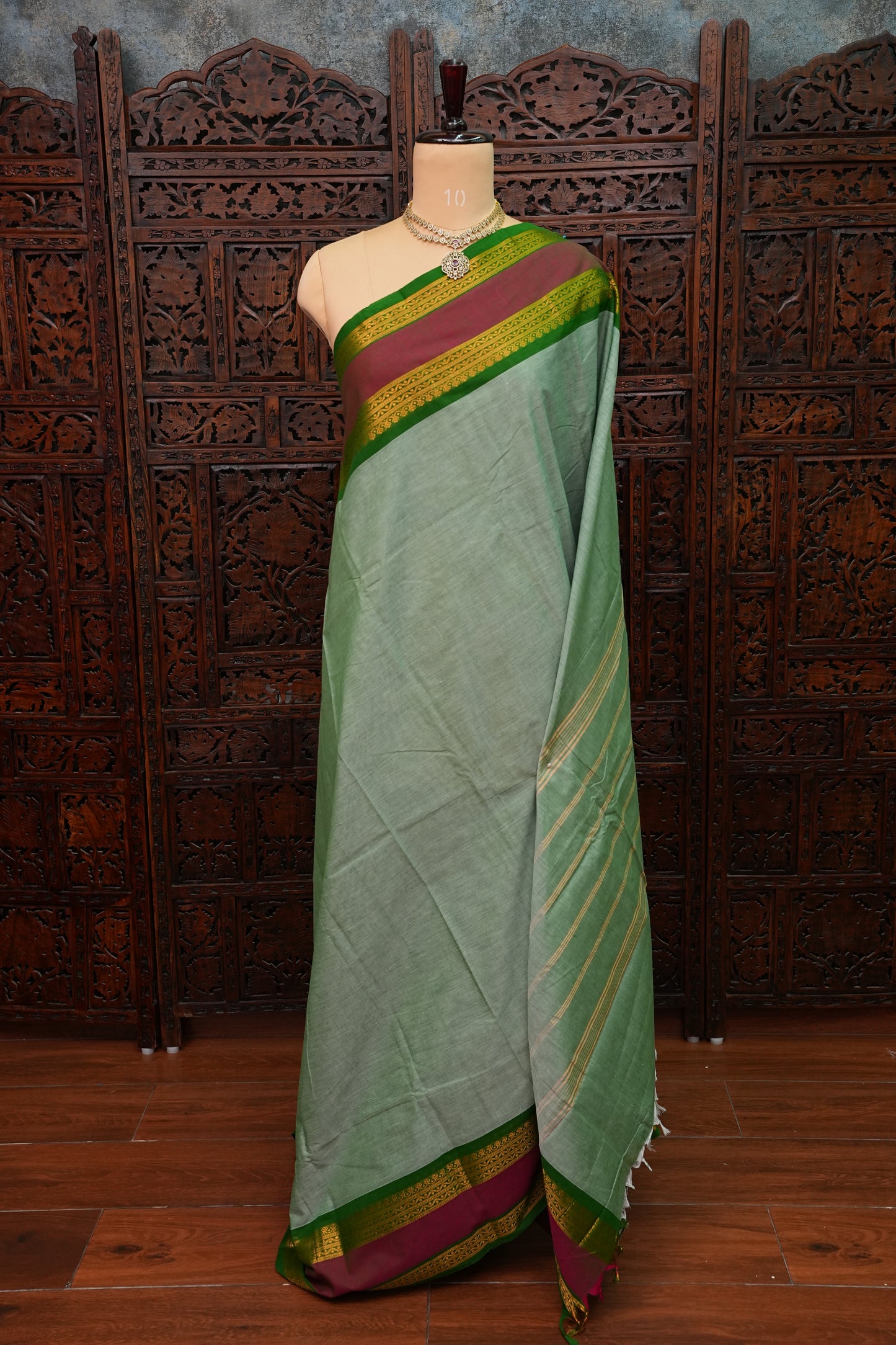 Pure Kanchi Cotton Saree – Sage Green with Green & Maroon Zari Border
