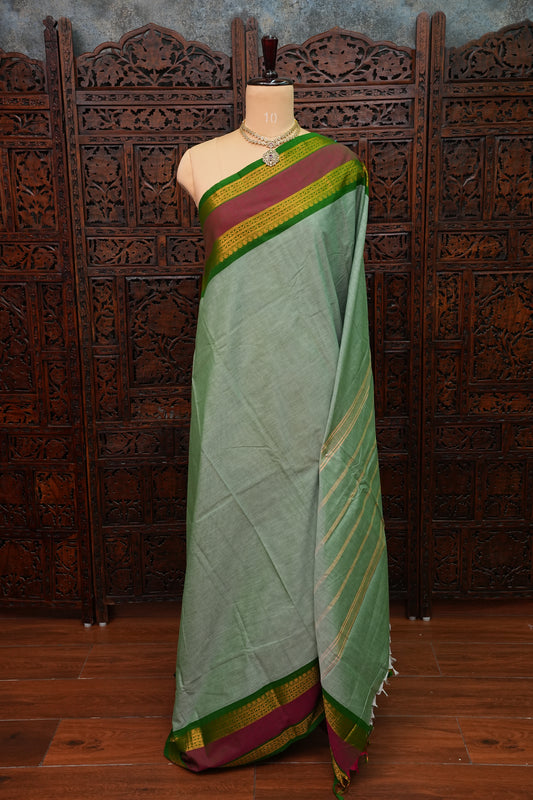 Pure Kanchi Cotton Saree – Sage Green with Green & Maroon Zari Border