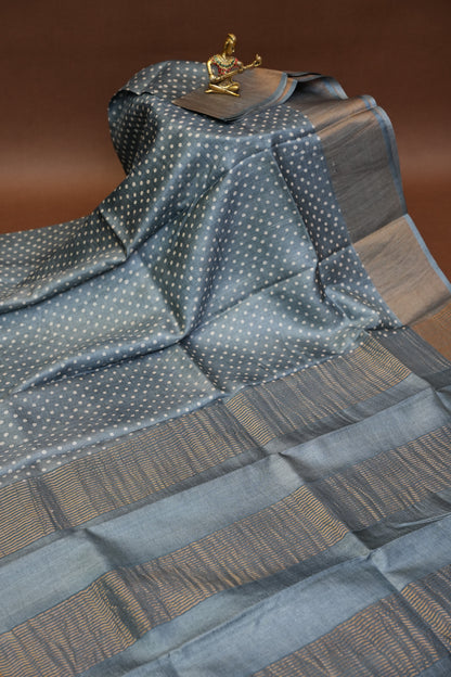 Geometric Patterned Pure Tussar Silk Saree-Grey|Silk Mark Certified