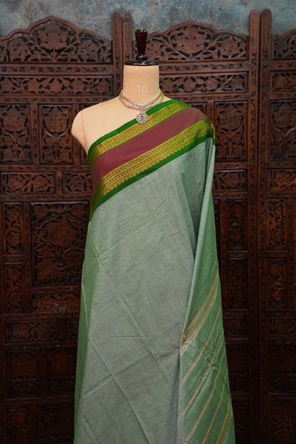 Pure Kanchi Cotton Saree – Sage Green with Green & Maroon Zari Border