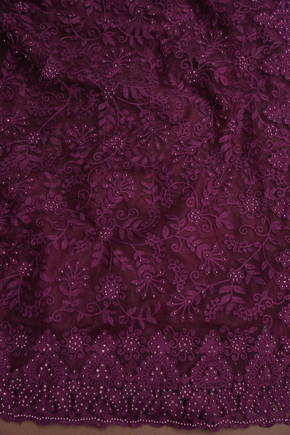 Party Wear Net Saree with Self-Tone Floral Embroidery - Deep Wine
