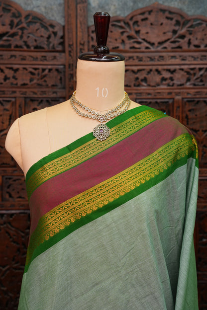 Pure Kanchi Cotton Saree – Sage Green with Green & Maroon Zari Border