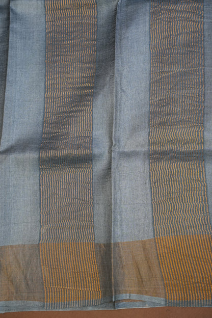 Geometric Patterned Pure Tussar Silk Saree-Grey|Silk Mark Certified