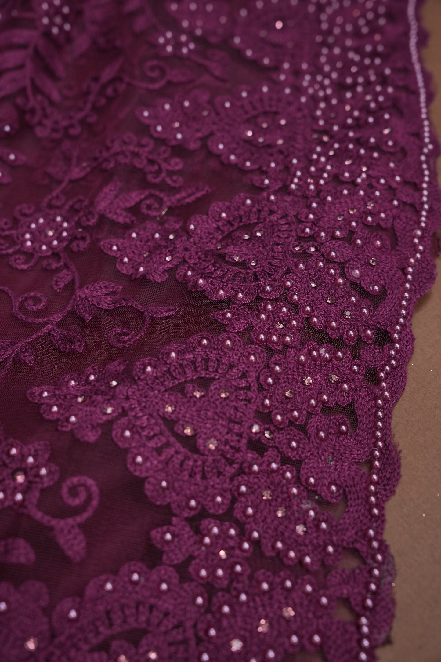 Party Wear Net Saree with Self-Tone Floral Embroidery - Deep Wine