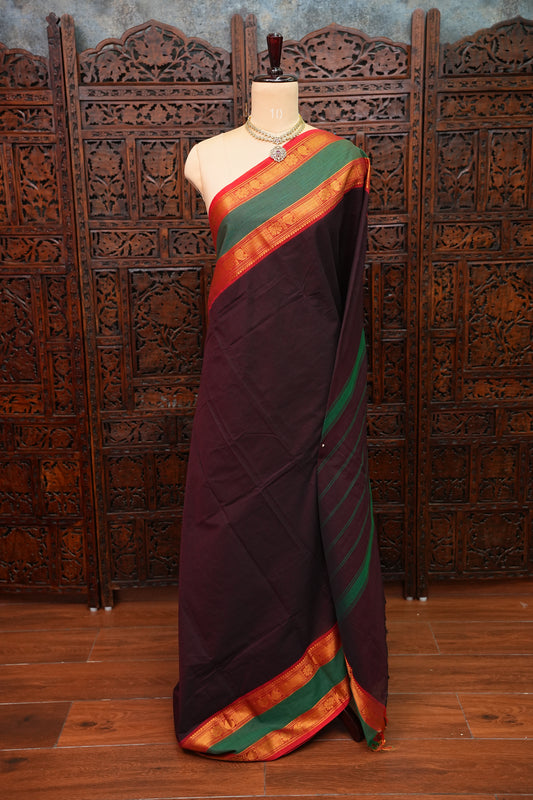 Pure Kanchi Cotton Saree – Deep Black Brown with Green & Red Zari Border