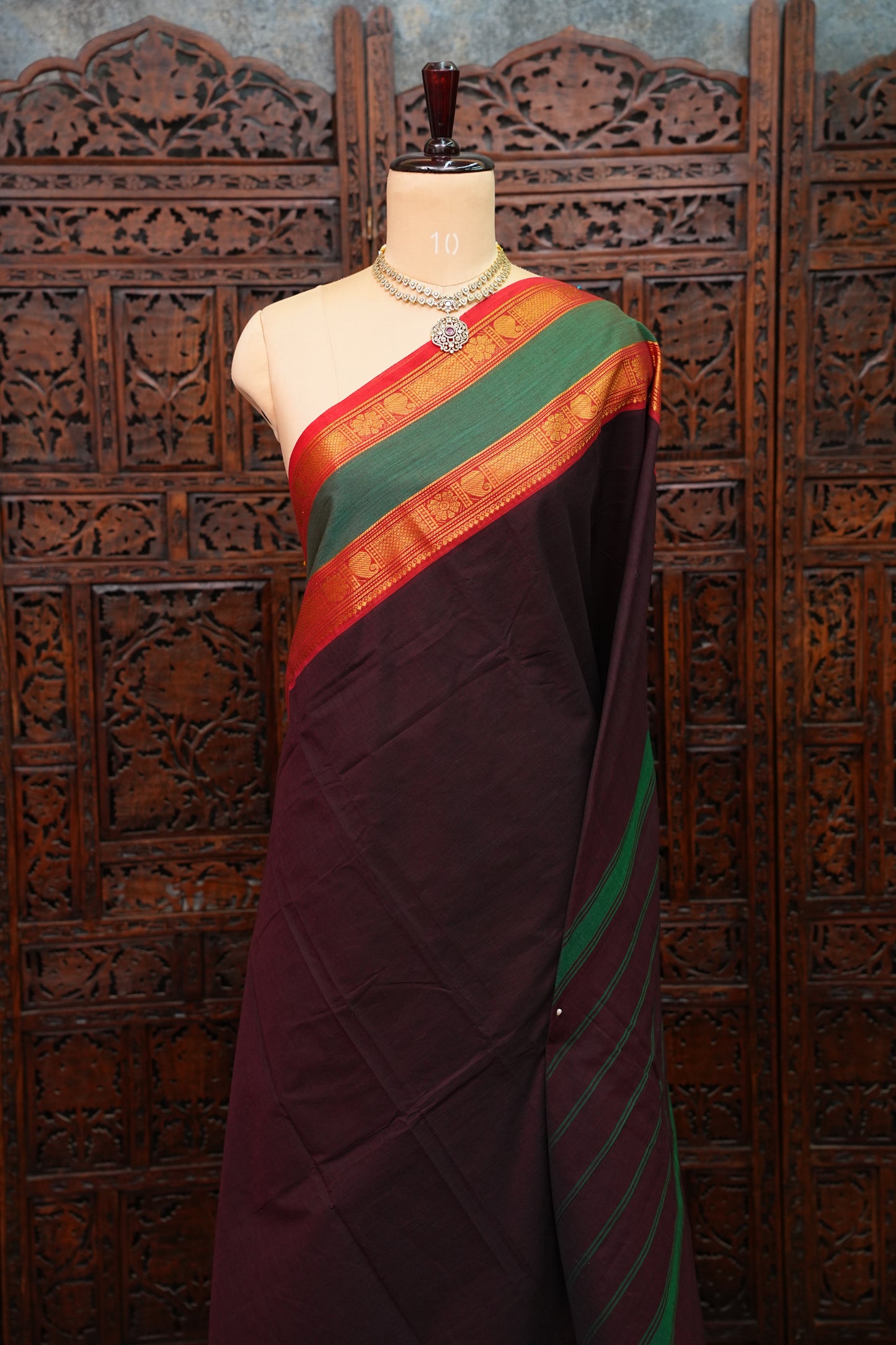 Pure Kanchi Cotton Saree – Deep Black Brown with Green & Red Zari Border
