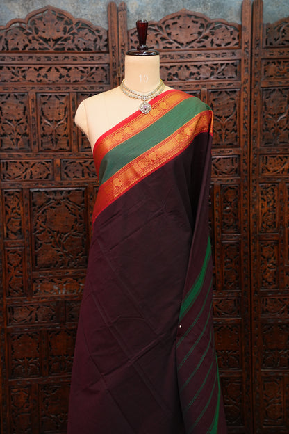 Pure Kanchi Cotton Saree – Deep Black Brown with Green & Red Zari Border