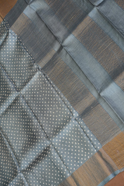 Geometric Patterned Pure Tussar Silk Saree-Grey|Silk Mark Certified