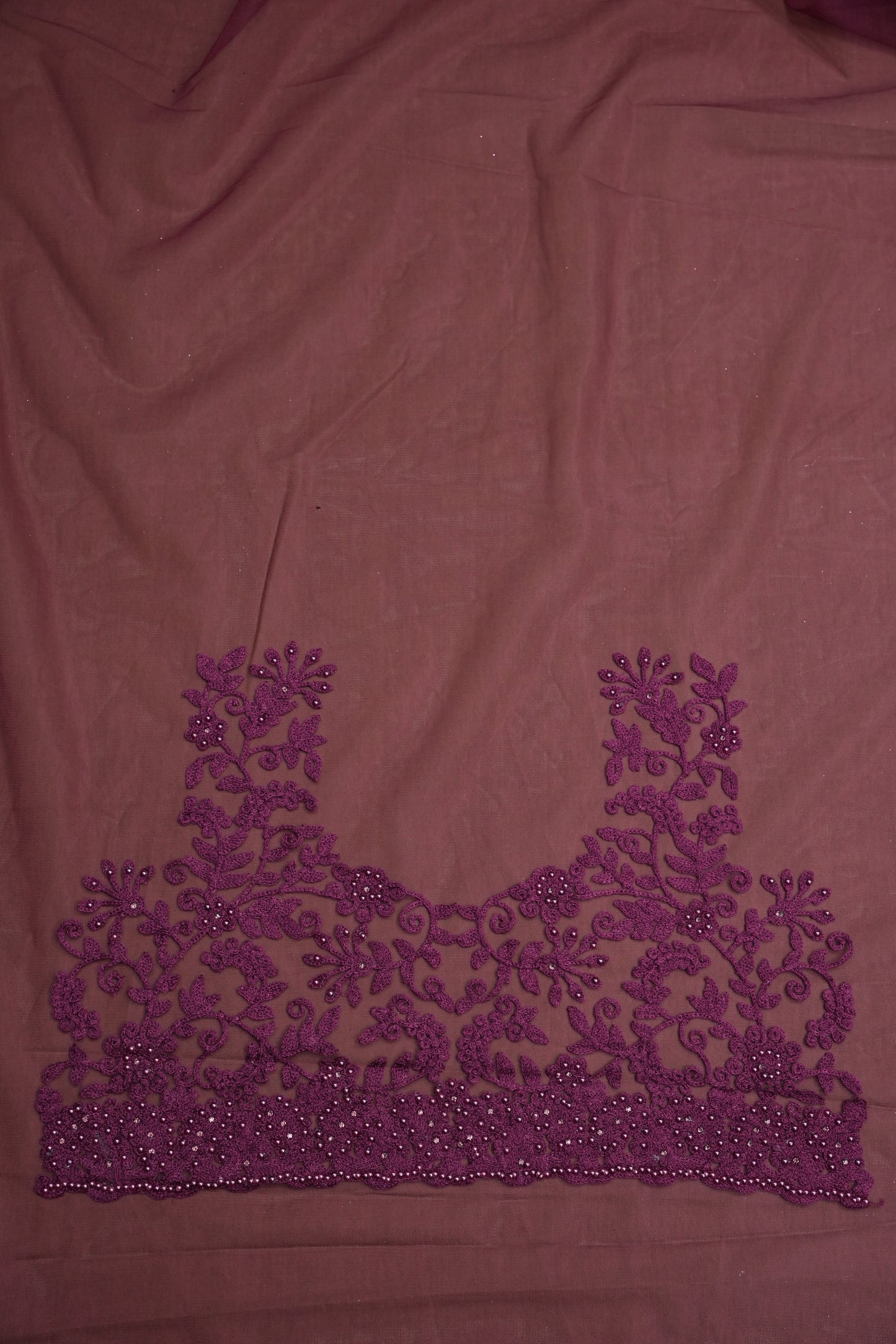 Party Wear Net Saree with Self-Tone Floral Embroidery - Deep Wine