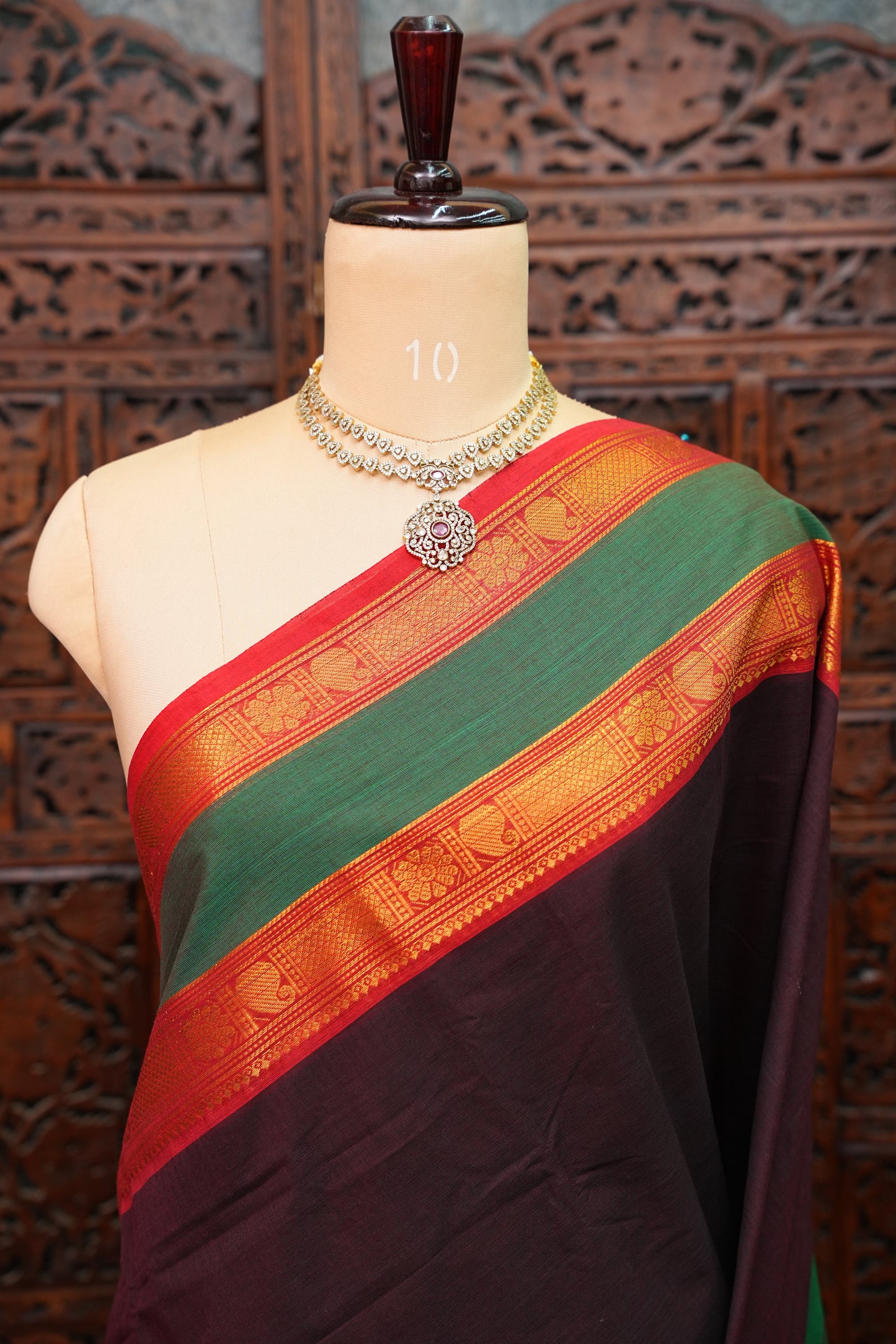 Pure Kanchi Cotton Saree – Deep Black Brown with Green & Red Zari Border