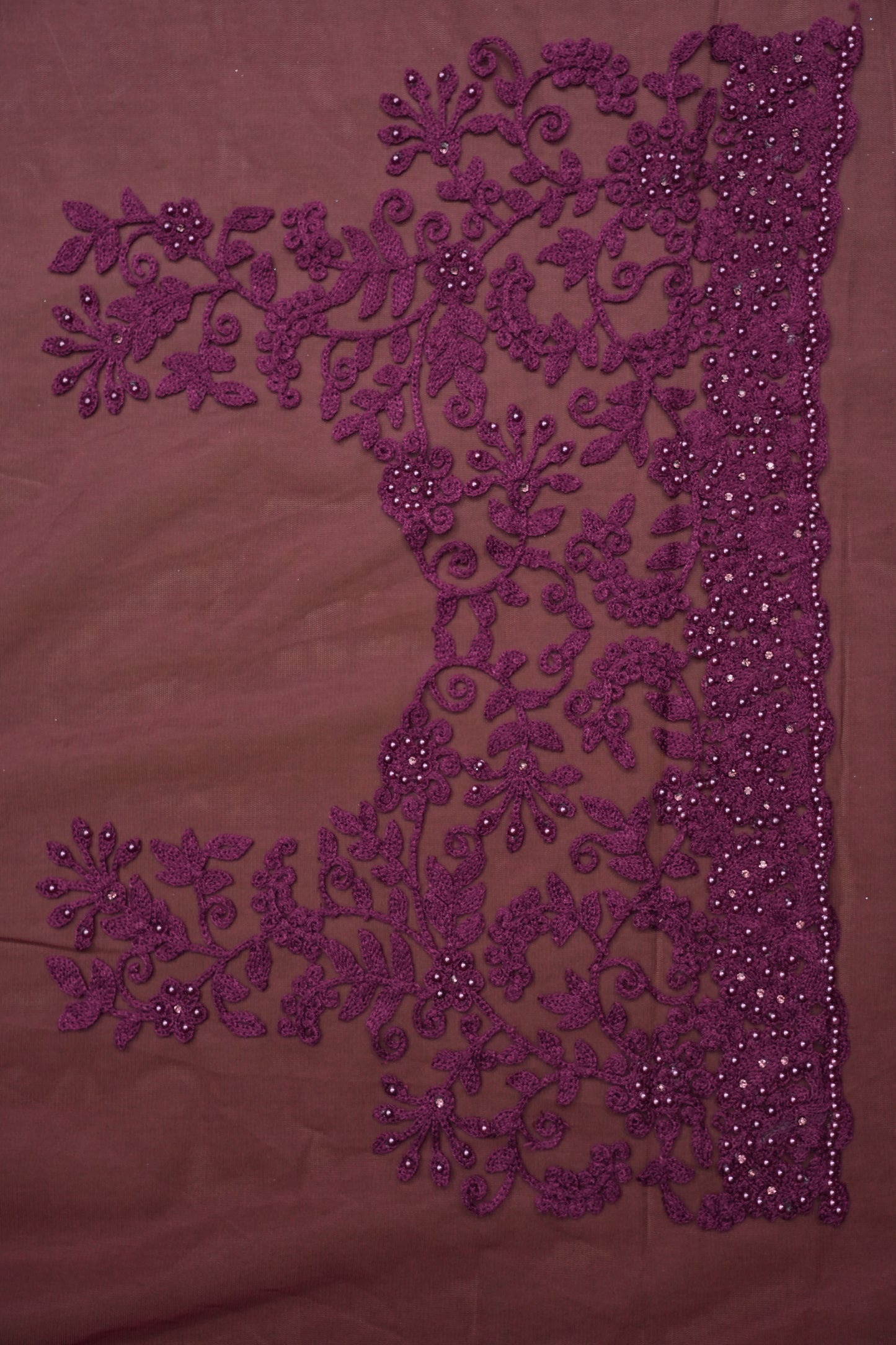 Party Wear Net Saree with Self-Tone Floral Embroidery - Deep Wine