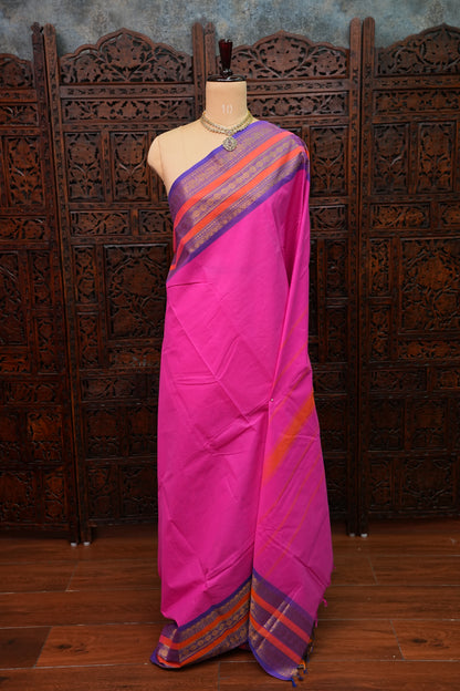 Pure Kanchi Cotton Saree – Rani Pink with Purple & Orange Zari Border