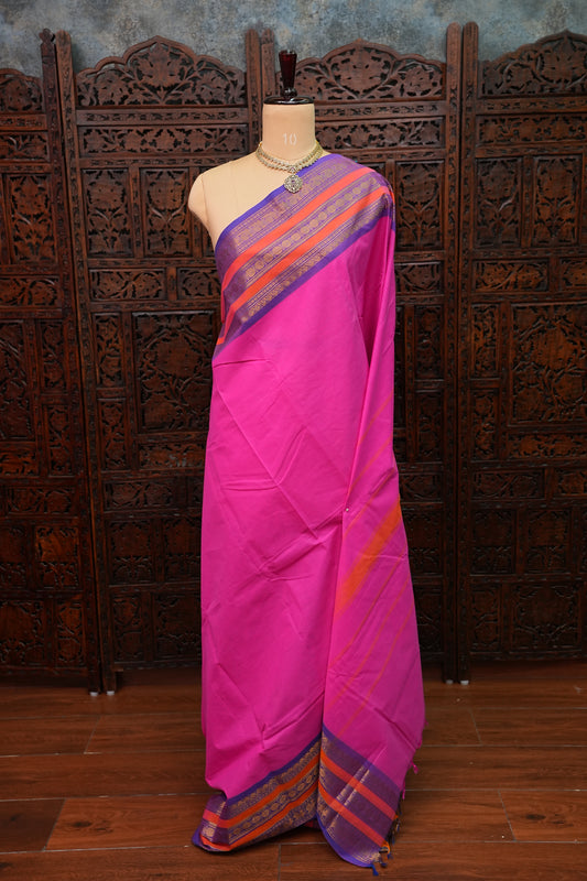 Pure Kanchi Cotton Saree – Rani Pink with Purple & Orange Zari Border