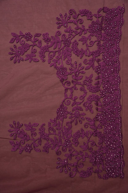 Party Wear Net Saree with Self-Tone Floral Embroidery - Deep Wine