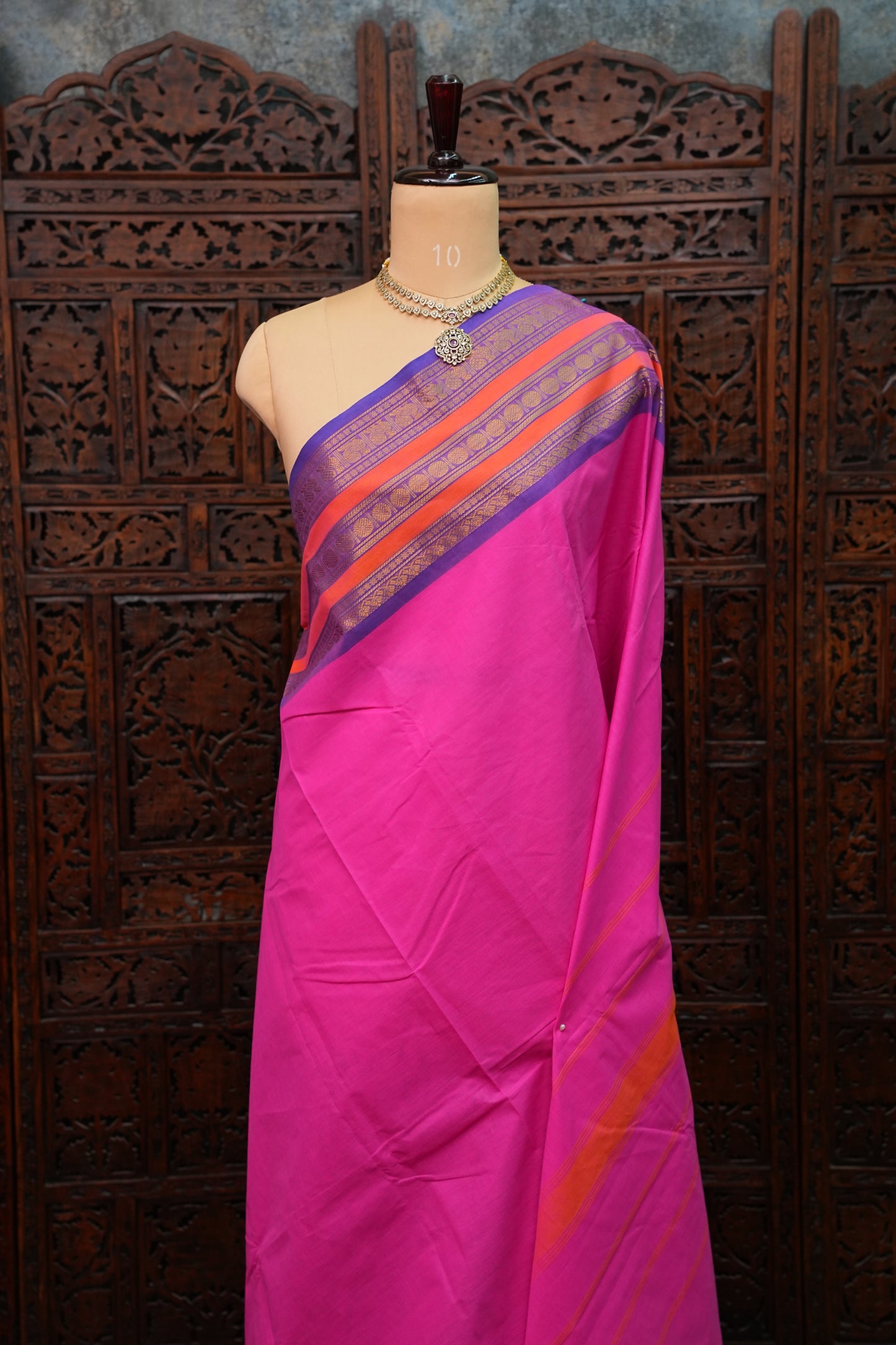 Pure Kanchi Cotton Saree – Rani Pink with Purple & Orange Zari Border
