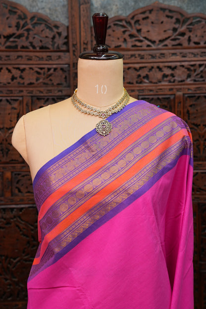 Pure Kanchi Cotton Saree – Rani Pink with Purple & Orange Zari Border