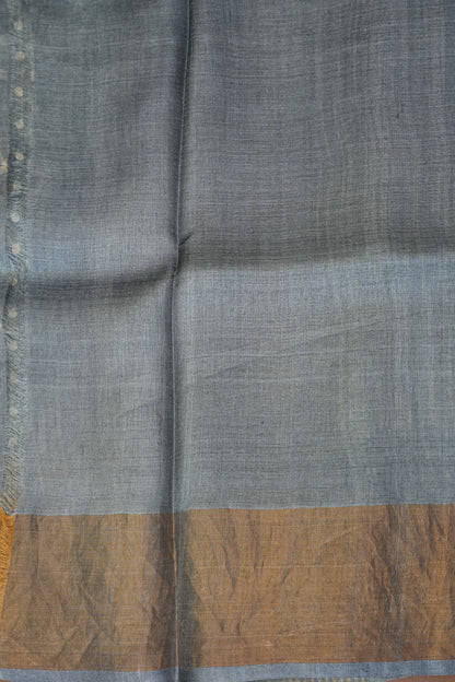 Geometric Patterned Pure Tussar Silk Saree-Grey|Silk Mark Certified