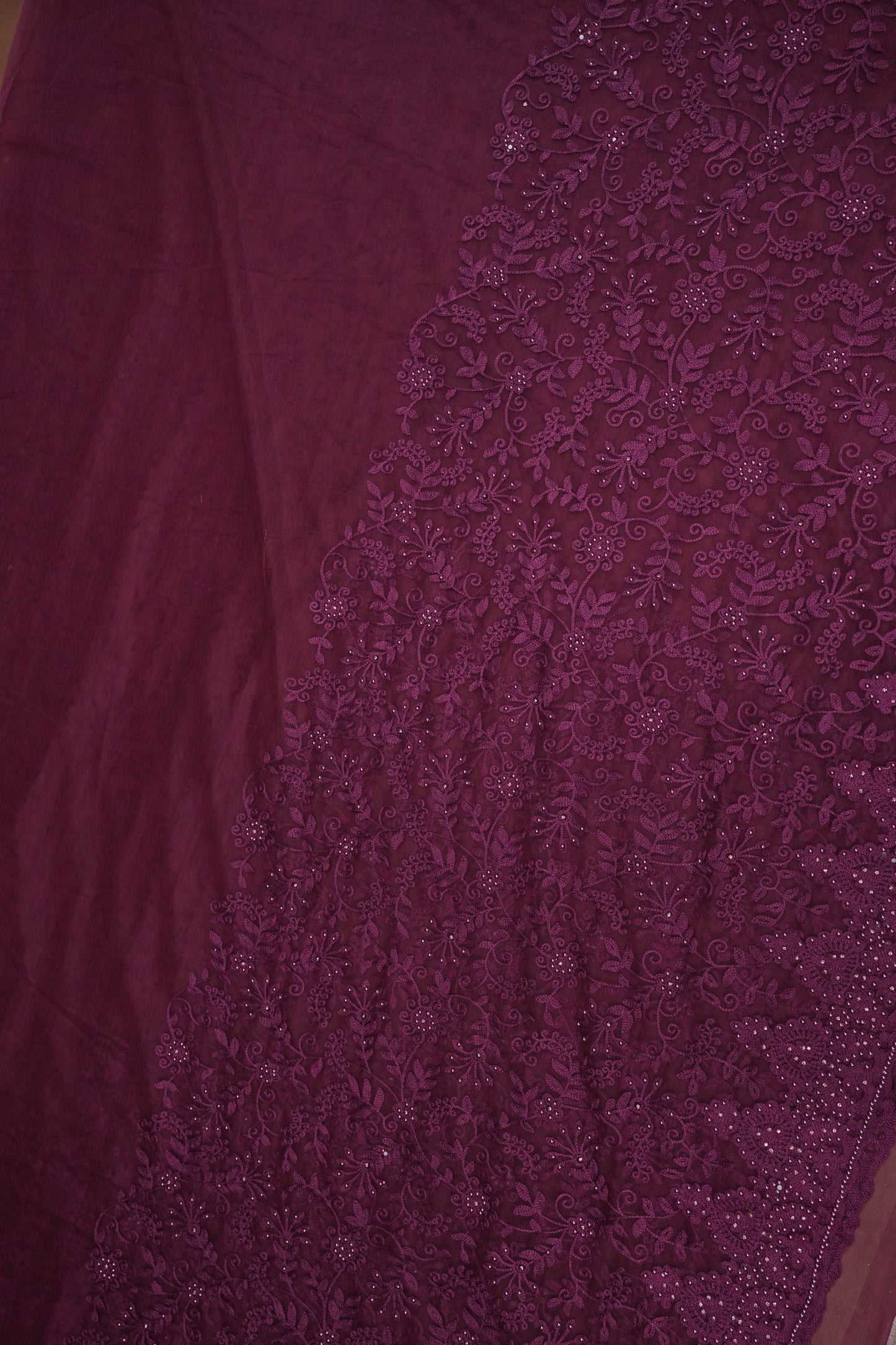 Party Wear Net Saree with Self-Tone Floral Embroidery - Deep Wine