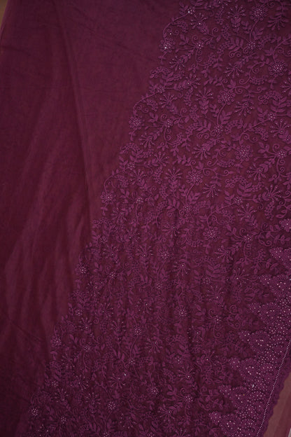 Party Wear Net Saree with Self-Tone Floral Embroidery - Deep Wine