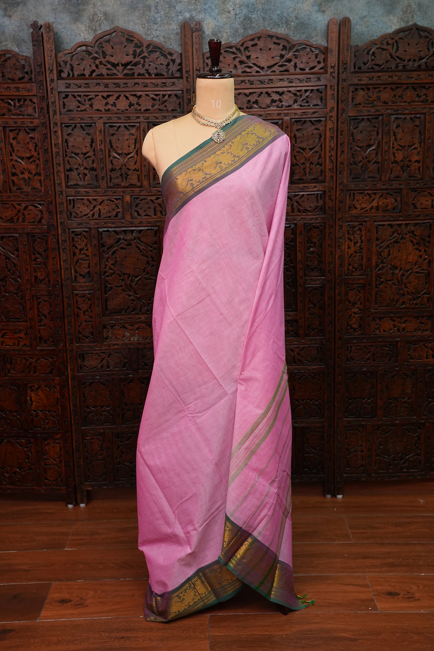 Pure Kanchi Cotton Saree – Soft Pink with Green & Gold Zari Border