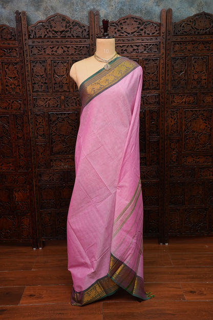 Pure Kanchi Cotton Saree – Soft Pink with Green & Gold Zari Border