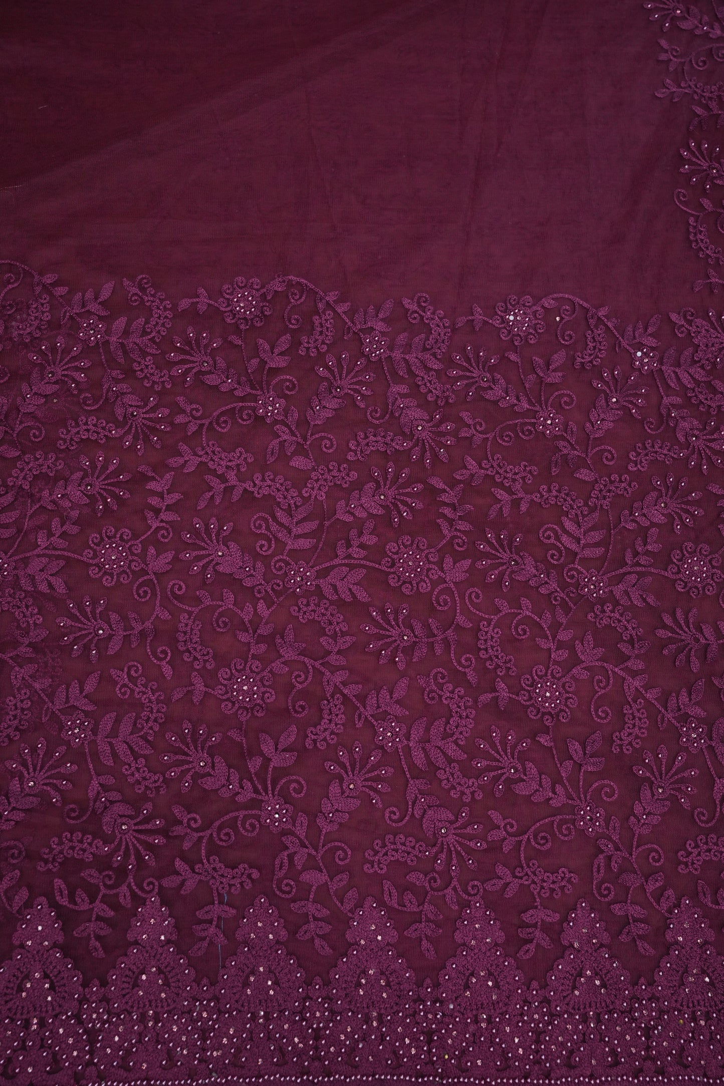 Party Wear Net Saree with Self-Tone Floral Embroidery - Deep Wine