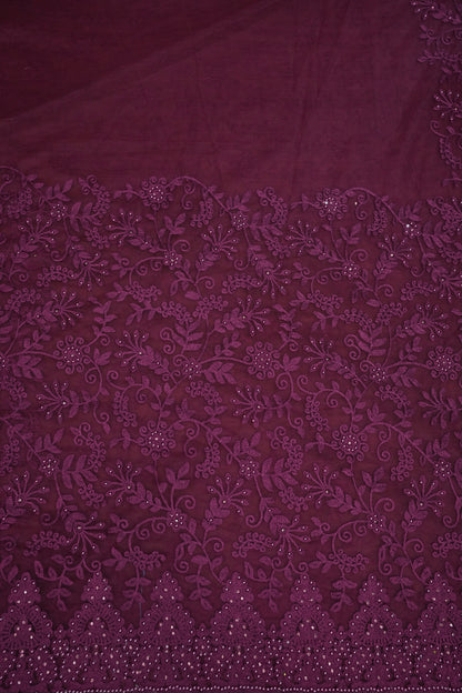 Party Wear Net Saree with Self-Tone Floral Embroidery - Deep Wine