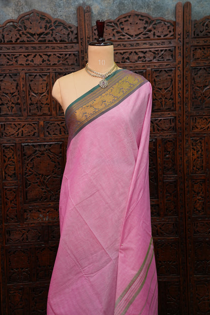 Pure Kanchi Cotton Saree – Soft Pink with Green & Gold Zari Border