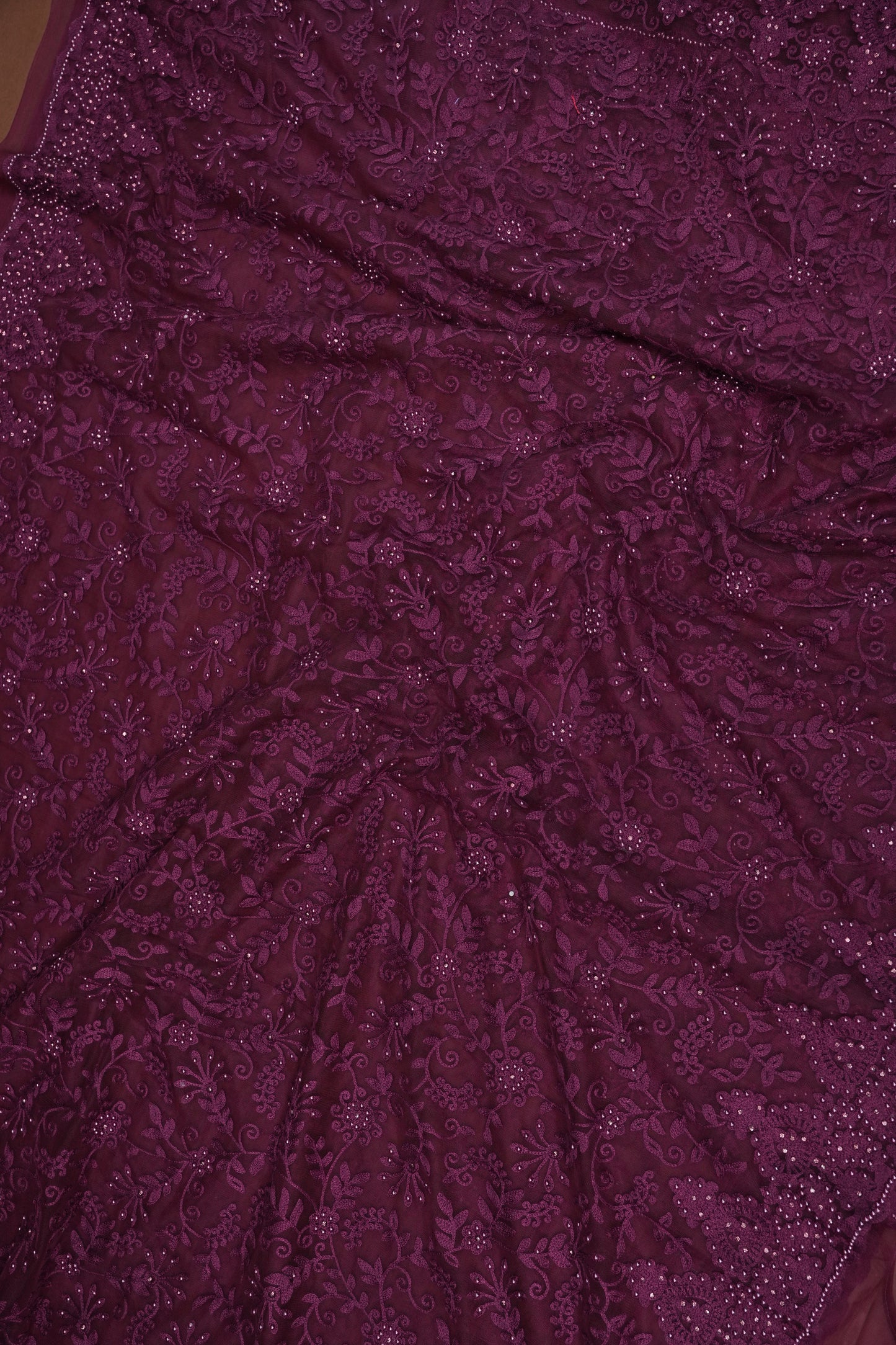 Party Wear Net Saree with Self-Tone Floral Embroidery - Deep Wine