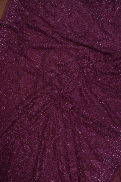 Party Wear Net Saree with Self-Tone Floral Embroidery - Deep Wine
