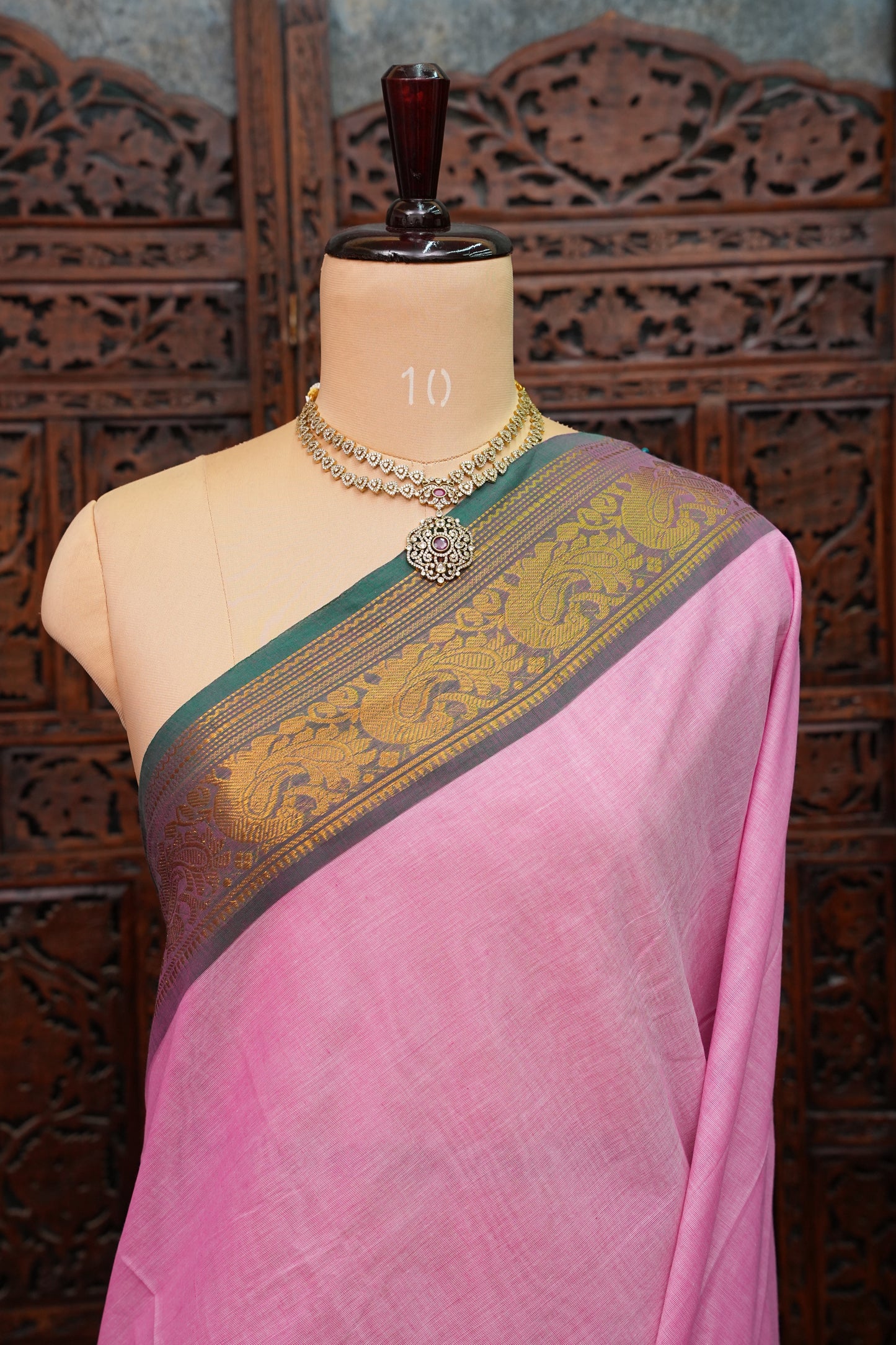 Pure Kanchi Cotton Saree – Soft Pink with Green & Gold Zari Border
