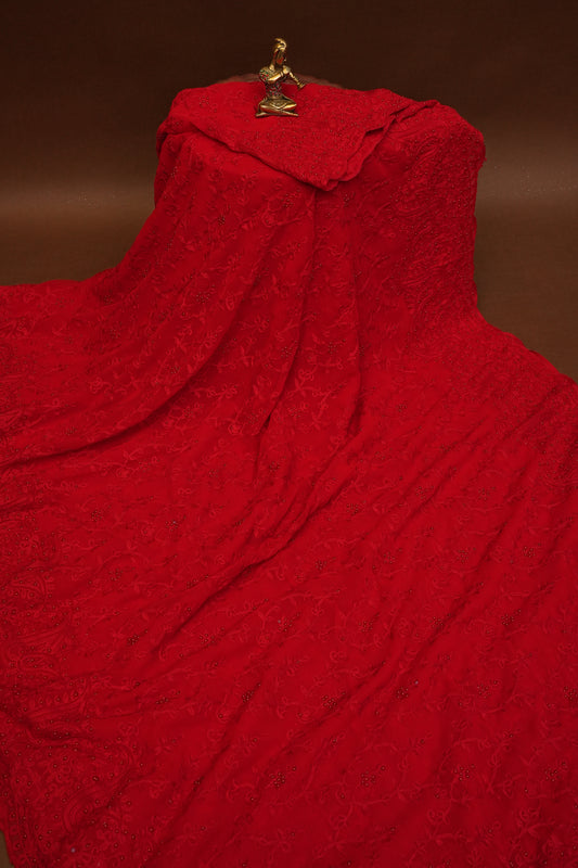 Party Wear Georgette Saree with Tone-on-Tone Embroidery - Scarlet Red