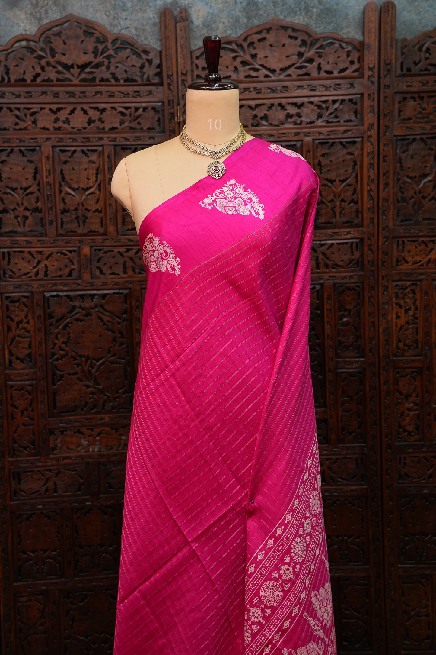 Semi Tussar Saree with Checkered Body & Elephant Motifs – Rani Pink
