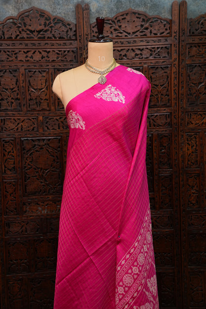 Semi Tussar Saree with Checkered Body & Elephant Motifs – Rani Pink
